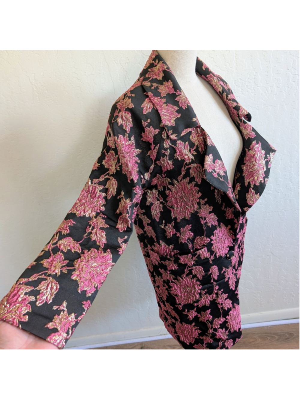 For Love & Lemons Pink Gold Floral Brocade Jacquard Longline Blazer Small - Picture 6 of 12
